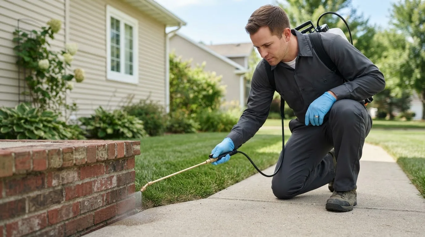Pest control technician treating a home near Ogden, IA