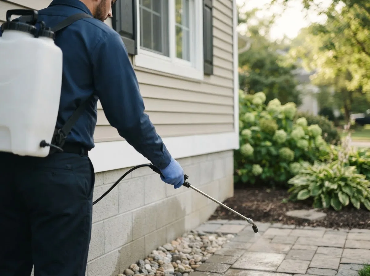 Pest control technician inspecting a home in Ogden, IA